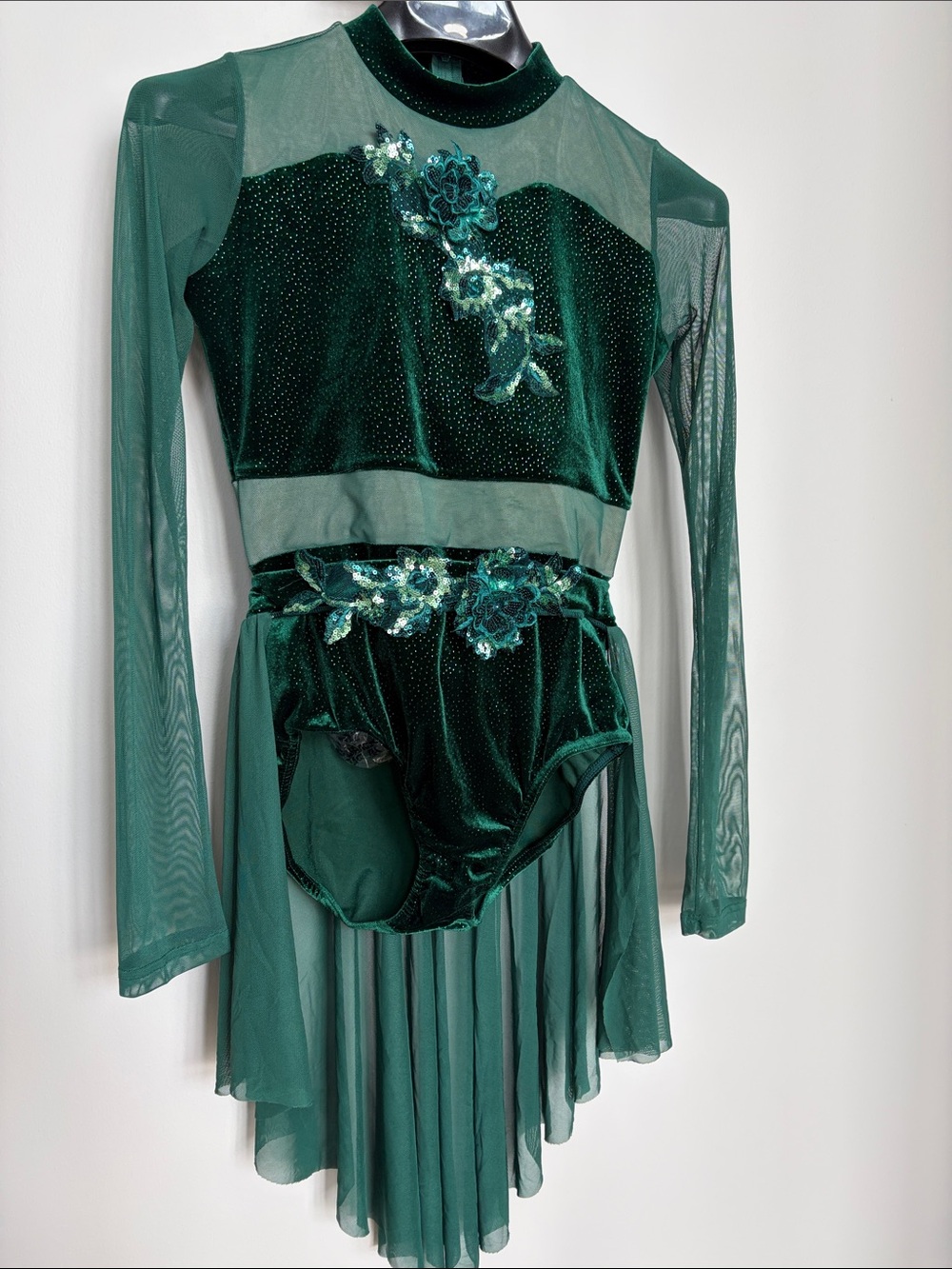 Emerald Green Velvet Floral Appliqué Dance Leotard with Skirt